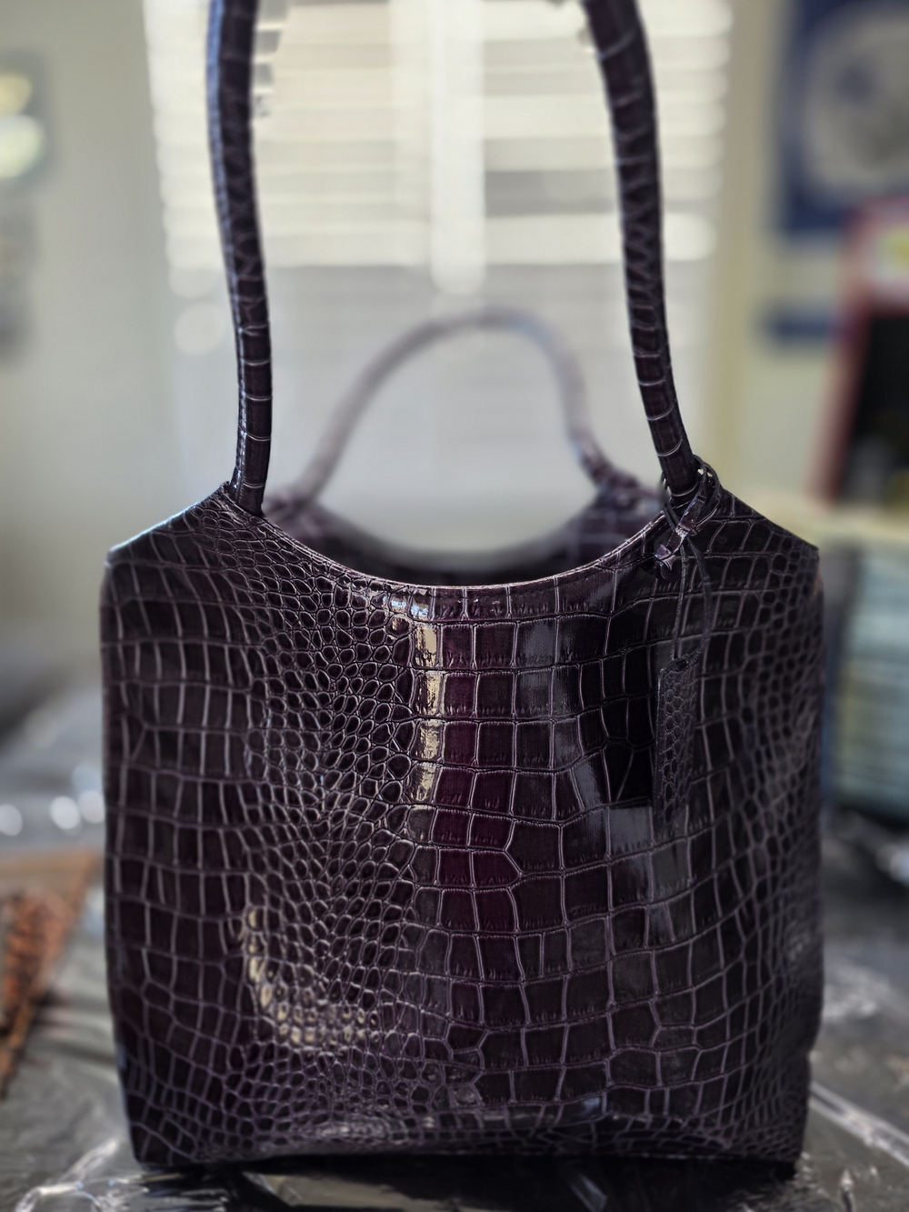 Luxury Croc-Embossed Leather Tote - Deep Plum